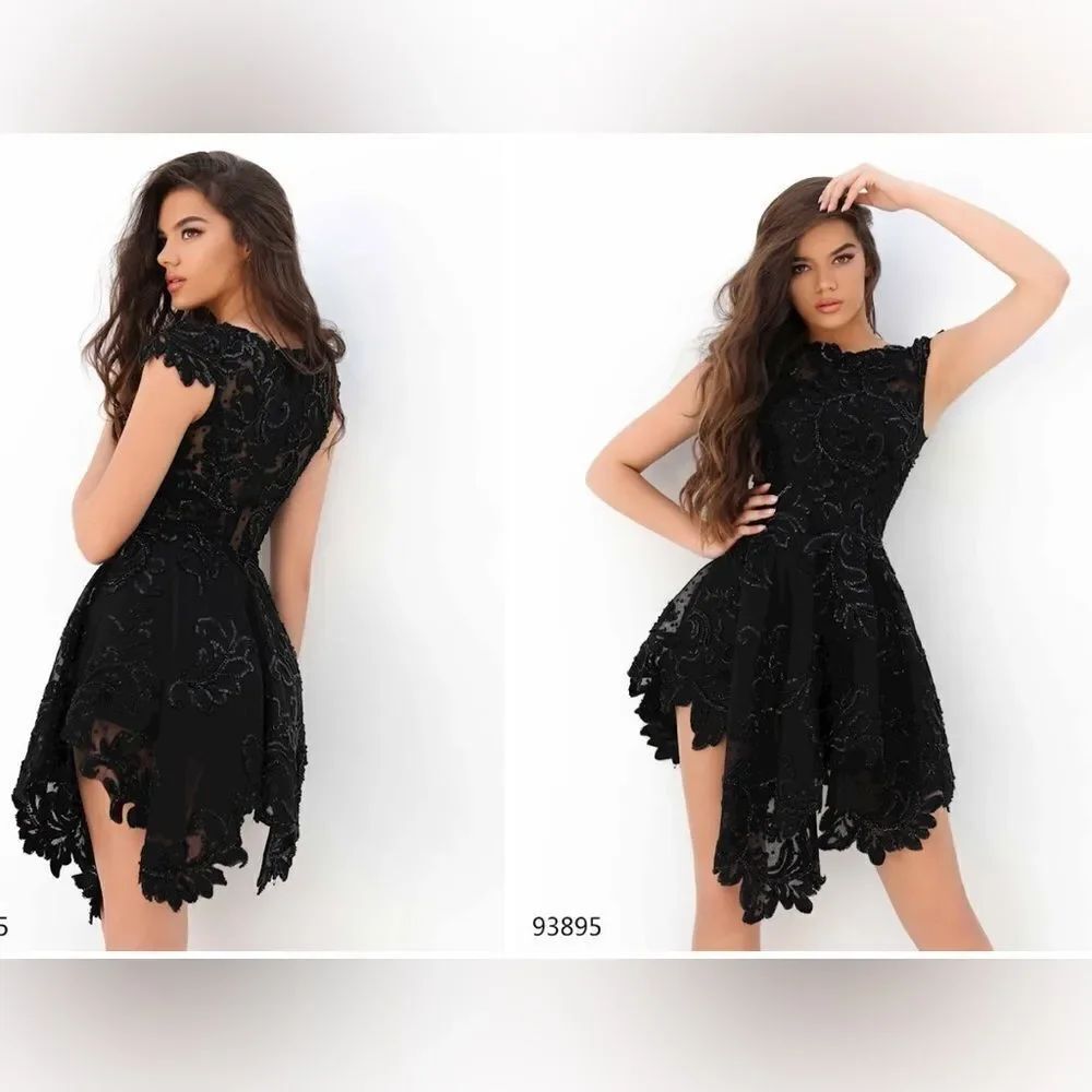 NEW Tarik Ediz 93895 black lace sequins asymmetrical mini prom formal dress 8